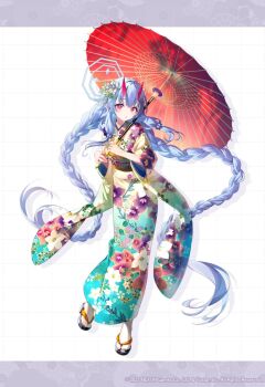 1girl absurdly_long_hair black_sandals blue_archive blue_hair braid chise_(blue_archive) floral_print flower full_body hair_flower hair_ornament holding holding_umbrella horns japanese_clothes kimono long_hair long_sleeves official_art okobo parted_lips platform_sandals print_kimono red_eyes riichu sandals simple_background socks solo standing tabi twin_braids umbrella very_long_hair white_socks wide_sleeves