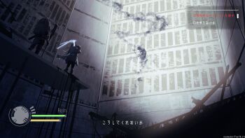 1girl absurdres backpack bag commentary_request grey_hair halo health_bar highres hood jacket kani_etizen03 long_hair original pants ruins scenery solo stick urban user_interface white_hair