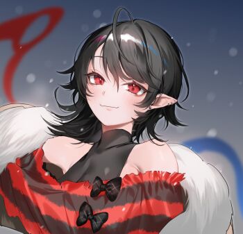 Rule 34 | ahoge, alternate costume, asymmetrical wings, bare shoulders, black bodysuit, black hair, blue wings, blush, bodysuit, bodysuit under clothes, coat, commentary request, ear piercing, earrings, fur coat, fur trim, highres, houjuu nue, jewelry, long hair, makita (vector1525), open clothes, open coat, piercing, pointy ears, red eyes, red wings, ribbon, short hair, smile, snowing, striped clothes, striped sweater, sweater, touhou, touhou lostword, two-tone wings, wings