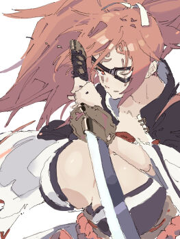 Rule 34 | 1girl, amputee, baiken, big hair, breasts, cleavage, commentary request, eyepatch, guilty gear, guilty gear strive, highres, holding, holding sword, holding weapon, huge breasts, japanese clothes, kataginu, katana, kimono, multicolored kimono, one-eyed, ooiwa (irc14786149), open clothes, open kimono, pink eyes, pink hair, samurai, scar, scar across eye, scar on face, simple background, solo, sword, weapon, white background