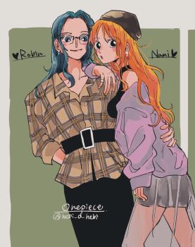 2girls belt blue_eyes blue_hair blush character_name commentary_request copyright_name earrings glasses green_background hand_in_pocket hebi_d_hebi jewelry long_hair multiple_girls nami_(one_piece) nico_robin one_piece orange_hair smile twitter_username