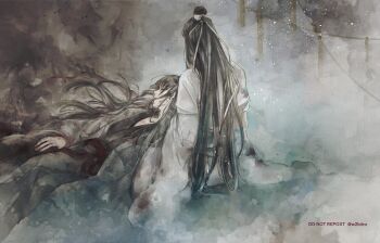 Rule 34 | 2boys, alternate hairstyle, black hair, black hanfu, blood, blood on body, blood on clothes, blood on face, blood on hands, cave, chinese clothes, closed eyes, coat, faux traditional media, grey coat, hair down, hanfu, headband, highres, injury, lan wangji, long hair, long sleeves, lying, lying on lap, male focus, modao zushi, multiple boys, official alternate costume, on back, open clothes, open coat, red sash, robe, sash, sitting, topknot, twitter username, very long hair, w2biiro, watercolor effect, watermark, wei wuxian, wei wuxian (yiling laozu), white hanfu, white headband, wide sleeves, xiao guan (headdress), yaoi