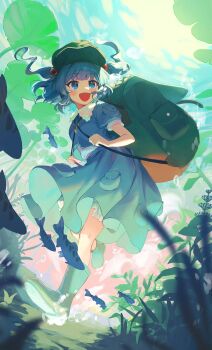 1girl :d backpack bag blue_eyes blue_hair blunt_bangs boots commentary floating_hair from_below full_body hair_bobbles hair_ornament hat highres jill_07km kawashiro_nitori key leaf nitori_day open_mouth outdoors overexposure plant revision skirt smile solo teeth touhou two_side_up underwater upper_teeth_only