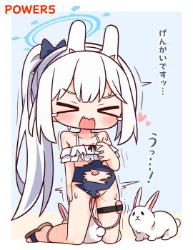 &gt;_&lt; 1girl animal_ears blue_archive blue_background blue_halo blue_one-piece_swimsuit blush border brown_sandals closed_eyes commentary_request full_body halo hana_kazari heart highres kneeling long_hair miyako_(blue_archive) miyako_(swimsuit)_(blue_archive) official_alternate_costume one-piece_swimsuit open_mouth outside_border ponytail pussy_juice rabbit rabbit_ears sandals sex_toy sidelocks simple_background solo sweat swimsuit tears thigh_strap torn_clothes torn_swimsuit translation_request vibrator vibrator_in_thigh_strap white_border white_hair