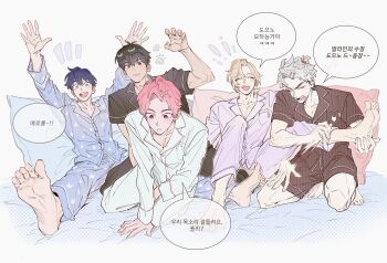 5boys arm_up arms_up bamby_(plave) bangs_pinned_back barefoot black_hair black_pajamas blonde_hair blue_hair blue_pajamas closed_eyes commentary eunho_(plave) full_body green_pajamas grey_hair hamin_(plave) hand_on_another&#039;s_foot highres k-pop korean_commentary korean_text long_sleeves looking_at_viewer male_focus multiple_boys noah_(plave) open_mouth p_o_p_dorodoro pajamas pink_hair plave purple_pajamas short_sleeves smile translation_request yejun_(plave)
