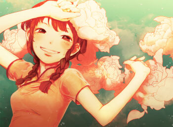 1girl arms_up braid brown_eyes brown_hair bubble chinese_clothes cloud female_focus flower grin happy looking_at_viewer nishio original queue red_theme short_sleeves sky smile solo twin_braids water