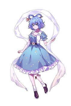 1girl absurdres blue_dress blue_eyes blue_hair breasts brown_shoes chisel closed_mouth collarbone commentary_request dress drill_hair drill_sidelocks flower full_body hagoromo hair_ornament hair_rings hair_stick highres kaku_seiga looking_at_viewer open_clothes open_vest second-party_source see-through_clothes see-through_shawl shawl shoes short_hair short_sleeves sidelocks smile socks solo ssm_(ssm82048039) tachi-e touhou transparent_background vest white_shawl white_socks white_vest