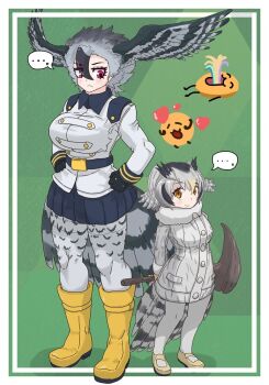 ... 2girls animal_print belt bird_girl bird_print bird_tail bird_wings black_belt black_gloves black_hair black_skirt black_trim blonde_hair boots brown_eyes coat collared_shirt epaulettes fur_collar gloves gold_trim grey_coat grey_hair grey_pantyhose grey_shirt hair_between_eyes harpy_eagle_(kemono_friends) head_wings height_difference kemono_friends kine long_sleeves mallet multicolored_hair multiple_girls northern_white-faced_owl_(kemono_friends) owl_ears owl_girl owl_print pantyhose pleated_skirt print_coat print_pantyhose shirt shoes short_hair sidelocks skirt sleeve_cuffs spoken_ellipsis tail voice_actor_connection white_fur white_pantyhose wings winter_clothes winter_coat yellow_boots yellow_eyes yellow_gloves yellow_shoes zzhz36k