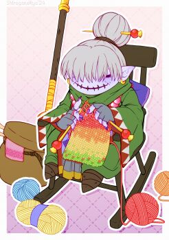 Rule 34 | 1girl, absurdres, babamon, broom, chair, covered eyes, digimon, digimon (creature), female focus, highres, knitting, on chair, solo, wooden chair