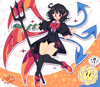 1girl ahoge artist_name asymmetrical_wings black_dress black_hair black_panties black_thighhighs blue_wings bow bowtie center_frills clothes_pull collar collared_shirt dress frilled_sleeves frills highres houjuu_nue mary_janes open_mouth outline panties panty_peek pointy_ears polearm puffy_short_sleeves puffy_sleeves red_bow red_bowtie red_eyes red_shoes red_wings rhythm_pagi saturn_(planet) shirt shoes short_sleeves skirt skirt_pull snake standing standing_on_one_leg star_(symbol) thighhighs thighs touhou trident underwear virus weapon white_collar white_outline wings wristband