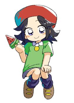 Rule 34 | 1girl, adeleine, black hair, blush, collared shirt, food, full body, hat, holding, holding food, kirby (series), kirby 64, long hair, loose socks, nintendo, popsicle, purple eyes, rasu (pixiv9799832), shirt, short sleeves, sitting, skirt, smile, socks, solo, watermelon bar