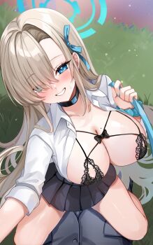 1boy 1girl asuna_(blue_archive) asuna_(school_uniform)_(blue_archive) asymmetrical_bangs black_bra black_choker black_skirt blonde_hair blue_archive blue_bow blue_bowtie blue_eyes blue_halo blue_ribbon blue_scrunchie blush bow bow_bra bowtie bra breasts button_gap choker hair_over_one_eye hair_ribbon halo highres katsushika_pachi large_breasts long_hair looking_at_viewer loose_bowtie mole mole_on_breast open_clothes open_shirt pleated_skirt presenting_breasts ribbon school_uniform scrunchie shirt skirt smile solo_focus underwear very_long_hair white_shirt wrist_scrunchie