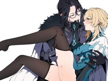 1boy 1girl arm_around_another's_back bite_mark bite_mark_on_thigh black_hair black_thighhighs blonde_hair blue_dress breasts closed_eyes closed_mouth coat commentary couple dress english_commentary fatui_coat feather_hair_ornament feathers feet_out_of_frame fur-trimmed_coat fur_trim genshin_impact glasses hair_ornament hand_in_another's_clothes hand_on_another's_mouth hand_under_clothes hetero hickey highres leg_up light_blush looking_at_another lumine_(genshin_impact) lumine_(snezhnaya)_(genshin_impact) medium_breasts official_alternate_costume pantalone_(genshin_impact) parted_lips quinny_il semi-rimless_eyewear short_hair_with_long_locks simple_background sitting sitting_on_lap sitting_on_person sweat thighhighs white_background yellow_eyes