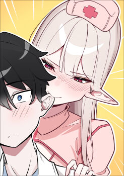 1boy 1girl absurdres biting biting_ear blue_eyes blush bright_pupils closed_mouth commentary double-parted_bangs dress elf english_commentary grey_hair highres long_hair mirui09 original pink_dress pointy_ears red_eyes white_pupils yellow_background