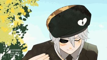 1girl animated animated_gif bad_link character_request collared_shirt dress_shirt eyepatch green_jacket green_necktie hair_between_eyes hat jacket looking_at_viewer metal_gear_(series) necktie red_eyes salute shirt soldier solo usuru white_shirt