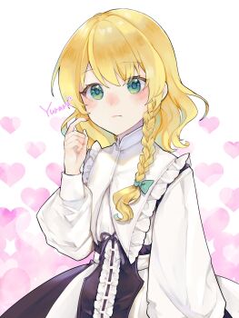 1girl artist_name blonde_hair blue_pupils braid closed_mouth commentary_request dress fingernails frilled_dress frills green_eyes hand_up heart heart_background highres kirisame_marisa long_sleeves looking_at_viewer medium_hair minatsuki_yurara nail_polish pink_nails puffy_sleeves single_braid sleeve_cuffs solo touhou upper_body white_dress