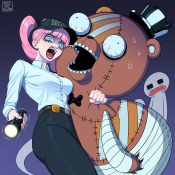 1girl black_pants blush breasts collared_shirt cosplay cropped_legs five_nights_at_freddy's five_nights_at_freddy's:_security_breach flashlight ghost gradient_background highres holding holding_flashlight kumacy long_hair lower_eyelashes_only medium_breasts nervous one_piece open_mouth pants perona pink_hair ponytail purple_background shirt simple_background stuffed_animal stuffed_toy vanessa_(fnaf) vanessa_(fnaf)_(cosplay) white_shirt yolk_too_yellow