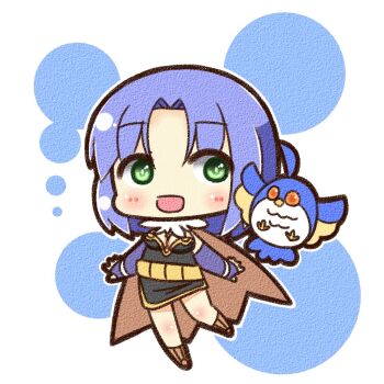 1girl :d alchemist_(ragnarok_online) bird black_dress blue_hair blush boots breasts brown_boots brown_cape canvas_texture cape chibi chibi_only cleavage closed_mouth commentary_request dress elbow_gloves filir_(ragnarok_online) fingerless_gloves full_body fur_collar gloves green_eyes looking_at_viewer medium_breasts open_mouth purple_gloves ragnarok_online shizukushigure short_hair simple_background smile solo standing white_background