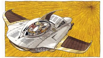 1girl 2boys absurdres blue_eyes chrono_trigger crono_(chrono_trigger) frog_(chrono_trigger) frog_boy glasses highres lucca_ashtear multiple_boys non-web_source official_art purple_hair red_hair spacecraft spiked_hair toriyama_akira