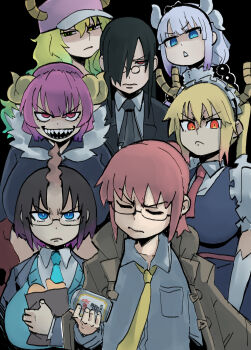 1boy 6+girls absurdres bag baseball_cap black_background black_hair blonde_hair blue_eyes blue_shirt breasts closed_eyes closed_mouth coat collared_shirt dragon_girl dragon_horns dragon_tail elma_(maidragon) evil_smile fafnir_(maidragon) food glasses gloves gradient_hair green_hair hair_over_one_eye hat highres holding holding_bag horns horns_through_headwear huge_breasts ilulu_(maidragon) jacket kanna_kamui kobayashi-san_chi_no_maidragon kobayashi_(maidragon) large_breasts long_hair looking_at_viewer lucoa_(maidragon) maid maid_headdress meme monster_girl multicolored_hair multiple_girls necktie office_lady open_mouth orange_eyes paper_bag pince-nez pink_hair ponytail purple_hair red_eyes red_hair rimless_eyewear shaded_face sharp_teeth shirt short_hair slit_pupils smile tail teeth tohru_(maidragon) tou_toe twintails unusually_open_eyes v-shaped_eyebrows viltrumite_group_shot_(meme) yellow_eyes yellow_necktie