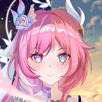 2girls absurdres bare_shoulders bridal_veil chinese_commentary commentary_request cyrene_(aedes_elysiae)_(honkai:_star_rail) cyrene_(honkai:_star_rail) cyrene_(ripples_of_past_reverie)_(honkai:_star_rail) diamond-shaped_pupils diamond_(shape) dual_persona flower gradient_sky hair_flower hair_ornament highres honkai:_star_rail honkai_(series) jewelry long_hair multicolored_hair multiple_girls necklace pink_hair purple_eyes short_hair sky smile star_(sky) starry_sky symbol-shaped_pupils two-tone_hair user_ketw4252 veil very_long_hair white_hair white_veil