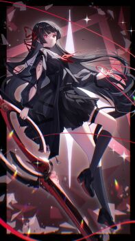 1girl absurdres arm_cutout black_hair black_shirt black_shoes black_skirt black_socks bright_pupils chinese_commentary chisa_(wuthering_waves) chromatic_aberration closed_mouth clothing_cutout commentary_request hair_ribbon heavy_chromatic_aberration highres holding holding_sword holding_weapon long_hair long_sleeves looking_at_viewer looking_to_the_side neckerchief red_eyes red_neckerchief red_ribbon ribbon sailor_collar shirt shoes skirt socks solo sword tacet_mark_(wuthering_waves) thigh_strap weapon white_pupils white_sailor_collar wo_xin_kong_wu_yi_wu wuthering_waves