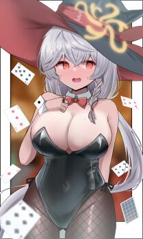 @_@ absurdres adapted_costume arms_behind_back averting_eyes bare_arms black_border black_hat black_leotard black_pantyhose blue_archive blush border bow bowtie braid breasts card cleavage covered_navel crossed_bangs detached_collar embarrassed eri_(blue_archive) fishnet_pantyhose fishnets grey_hair h1kaziro4916 hair_between_eyes hair_ribbon halo hand_on_own_chest hat hat_ribbon highleg highleg_leotard highres jewelry large_breasts leotard long_hair low_ponytail multiple_rings nervous_sweating open_mouth orange_eyes oversized_hat pantyhose playboy_bunny playing_card ponytail red_bow red_bowtie ribbon ribbon_braid ring side_braid single_braid strapless strapless_leotard sweat traditional_bowtie very_long_hair witch_hat wrist_cuffs yellow_halo