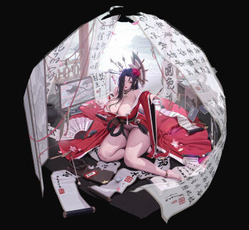 1girl absurdres ankle_strap bare_shoulders black_background black_hair breasts cleavage eyes_visible_through_hair flower folding_fan full_body hair_flower hair_ornament hair_over_one_eye hair_stick hand_fan highres huge_breasts hui_z_jie japanese_clothes kimono long_hair long_sleeves mature_female no_panties original outstretched_arm pink_flower red_flower red_kimono red_lips red_rose rose scroll string string_of_fate thighs variant_set wide_sleeves