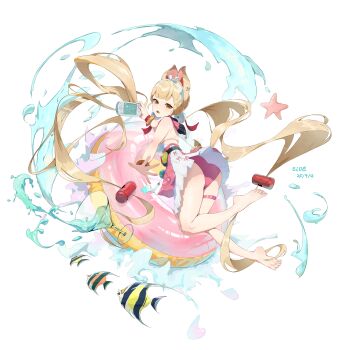 1girl absurdres alice_thymefield alice_thymefield_(sea_of_thyme) animal_ears ass back bare_shoulders barefoot belt blonde_hair blush bracelet cocktail_glass cup dress_swimsuit drinking_glass efmeng fish from_side hair_ornament hairband highres jewelry long_hair looking_at_viewer official_alternate_costume one-piece_swimsuit open_mouth playing rabbit_ears rabbit_girl rabbit_tail solo sphere_hair_ornament starfish swim_ring swimsuit tail teeth thigh_strap twintails upper_teeth_only watch water white_background white_hairband white_one-piece_swimsuit wristwatch yellow_eyes zenless_zone_zero