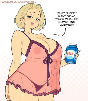 1girl :d absurdres arm_at_side babydoll bare_arms bare_shoulders blonde_hair blush breasts cleavage commentary cowboy_shot drink_carton english_commentary forehead gan_xing_naobing half-closed_eyes hand_up highres holding holding_drink_carton holding_milk_carton large_breasts legs_together looking_at_viewer mature_female mayu_naisu milk_carton nipples open_mouth original panties patreon_username pink_babydoll plump polka_dot polka_dot_background purple_panties raised_eyebrows see-through_clothes short_hair skindentation smile solo standing straight_hair teeth underwear upper_teeth_only white_background