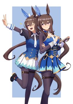 2girls admire_vega&#039;s_twin_sister_(umamusume) admire_vega_(starry_nocturne)_(umamusume) admire_vega_(umamusume) agepan._(pangcha3324) animal_ears breasts brown_hair commentary_request dress ear_covers gloves hair_between_eyes highres horse_ears horse_girl horse_tail long_hair long_sleeves looking_at_viewer low_ponytail multiple_girls necktie pantyhose ponytail purple_eyes siblings single_ear_cover tail twins umamusume white_necktie