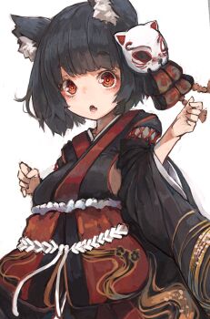 1girl :o animal_ear_fluff animal_ears azur_lane black_hair black_kimono black_sash blunt_bangs bob_cut breasts cat_ears cat_mask commentary_request detached_sleeves eyeshadow fang furisode_sleeves hair_ornament hair_ribbon highres japanese_clothes kanzashi kimono long_sleeves makeup manaita_obi mask mask_on_head medium_breasts nyucha obi obijime open_mouth raised_eyebrows red_eyes red_eyeshadow red_sash ribbon rope sash shimenawa short_hair sideboob sideless_kimono simple_background skin_fang sleeves_rolled_up solo surprised thick_eyebrows underbust upper_body w_arms white_background wide_sleeves wispy_bangs yamashiro_(azur_lane)