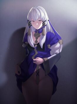 1girl absurdres breasts clothes_lift collarbone convenient_censoring dress dress_lift fire_emblem fire_emblem:_three_houses highres long_hair long_sleeves looking_at_viewer lysithea_von_ordelia lysithea_von_ordelia_(timeskip) nintendo no_panties pink_eyes pomelomelon shadow small_breasts smile solo standing thighs white_hair wide_sleeves