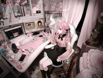 1girl absurdly_detailed_composition absurdres ame-chan_(needy_girl_overdose) backpack bag bed bedroom black_skirt blood blouse bottle cameo can character_doll character_request chouzetsusaikawa_tenshi-chan cinnamoroll commentary computer computer_keyboard computer_mouse copyright_request corpse desk dior doll figure fuwa_fuwa_cinnamoroll handbag handheld_game_console hatsune_miku highres indoors jirai_kei kaname_madoka kaname_madoka_(magical_girl) knife laptop loaded_interior long_hair long_sleeves mahou_shoujo_madoka_magica manga_(object) miffy miffy_(character) money monitor monster_energy multiple_monitors my_melody needy_girl_overdose nendoroid news onegai_my_melody original oshi_no_ko perfume_bottle pill pink_hair pink_shirt playstation_portable qr_code ran_(v17071107) receipt sanrio scenery shirt sitting skirt smoking solo stuffed_toy twintails twitter vivienne_westwood vocaloid yandere