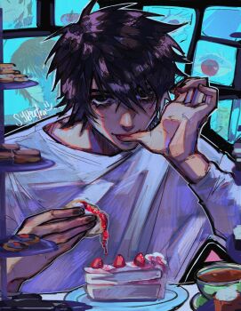 Rule 34 | 2boys, apple, bags under eyes, black eyes, black hair, cake, commentary, cookie, death note, eating, english commentary, food, fruit, hand up, highres, l (death note), licking own finger, looking at another, looking at viewer, male focus, messy hair, mochi, monitor, multiple boys, outline, painterly, plate, shirt, short hair, smirk, strawberry shortcake, sybbatra, table, tea, television, thumb sucking, upper body, white outline, white shirt, yagami light
