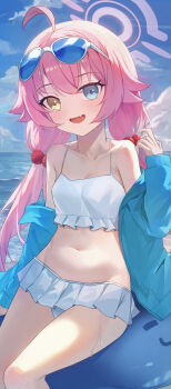 1girl :d absurdres ahoge bare_shoulders bikini black_jacket blue-tinted_eyewear blue_archive blue_eyes blue_sky blush breasts collarbone commentary day eyewear_on_head fang feet_out_of_frame frilled_bikini frills hair_between_eyes hair_bobbles hair_ornament halo heterochromia highres hoshino_(blue_archive) hoshino_(swimsuit)_(blue_archive) inflatable_toy inflatable_whale jacket jacket_partially_removed long_hair looking_at_viewer low_twintails manjie navel ocean official_alternate_costume official_alternate_hairstyle open_clothes open_jacket open_mouth outdoors pink_hair pink_halo sitting skin_fang sky small_breasts smile solo stomach sunglasses swimsuit thighs tinted_eyewear twintails very_long_hair wet white-framed_eyewear white_bikini yellow_eyes