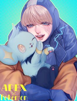 1girl apex_legends blonde_hair blue_bodysuit blue_eyes blue_gloves bodysuit crossover electricity facial_scar freckles gen_4_pokemon gloves highres holding holding_pokemon hood hood_down hooded_jacket jacket lichtenberg_figure nintendo nose one_eye_closed open_mouth orange_jacket pokemon pokemon_(creature) power_connection raven_(04070714) ribbed_bodysuit scar scar_on_cheek scar_on_face shinx smile solo wattson_(apex_legends) yellow_eyes