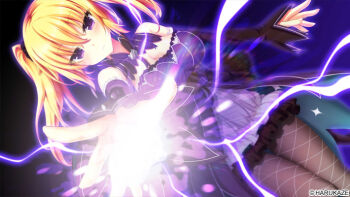 Rule 34 | 1girl, argyle clothes, argyle pantyhose, bare shoulders, black pantyhose, black scrunchie, blush, breasts, cleavage, closed mouth, copyright notice, dress, hair between eyes, hair ornament, hair scrunchie, large breasts, looking at viewer, nora to oujo to noraneko heart, official art, oozora itsuki, pantyhose, patricia of end, purple dress, raised eyebrows, scrunchie, solo, twintails