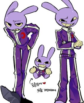 Rule 34 | 1boy, 7szndc, alternate costume, animal ears, barefoot, black shoes, chibi, chibi inset, colored sclera, colored skin, colored teeth, commentary, crescent, crescent pin, gloves, hands in pockets, jacket, jax (the amazing digital circus), korean text, male focus, multiple views, pants, purple jacket, purple pants, purple skin, rabbit boy, rabbit ears, shoes, simple background, smile, untranslatable commentary, the amazing digital circus, walking, white background, yellow gloves, yellow sclera, yellow teeth