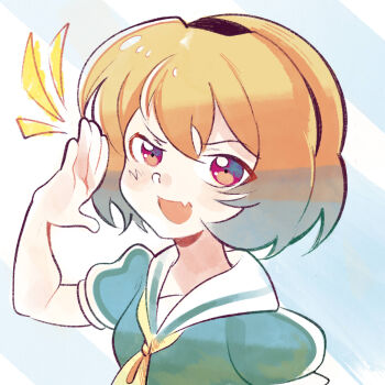 1girl ^^^ arm_up black_hairband blonde_hair cicococo commentary_request fang green_serafuku hairband highres higurashi_no_naku_koro_ni houjou_satoko light_blush neckerchief open_mouth puffy_short_sleeves puffy_sleeves red_eyes sailor_collar school_uniform serafuku short_hair short_sleeves skin_fang smug white_sailor_collar yellow_neckerchief