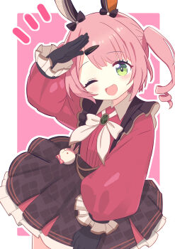 1girl :d absurdres animal_ears arm_up black201_wav black_gloves black_skirt blush border bow bowtie commentary_request cowboy_shot fang frilled_skirt frilled_sleeves frills gloves green_eyes highres hinabita long_sleeves looking_at_viewer meu_meu open_mouth outline outside_border parted_bangs pink_background pink_hair rabbit_ears red_shirt shirt short_hair simple_background skirt smile solo suspender_skirt suspenders white_border white_bow white_bowtie white_outline