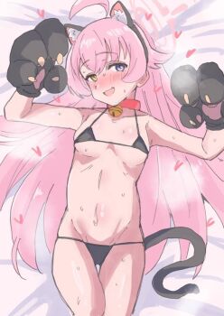 1girl ahoge animal_ear_hairband animal_ears animal_hands bed bell bikini black_bikini black_hairband blue_archive blush breasts cat_ear_hairband cat_ears cat_gloves choker collar collarbone embarrassed fake_animal_ears fang from_above gloves hair_between_eyes hairband halo hands_up heart heterochromia hoshino_(blue_archive) huge_ahoge jingle_bell loli long_hair looking_at_viewer lying micro_bikini navel neck_bell on_back on_bed open_mouth paw_gloves paw_pose pink_hair pink_halo puri_0228 purple_eyes red_choker red_collar skin_fang small_breasts smile solo sweat swimsuit tail thigh_gap thighs very_long_hair yellow_eyes