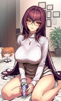 Rule 34 | 1girl, absurdres, barefoot, bed, breasts, can, drink can, fate/grand order, fate (series), fujimaru ritsuka (female), glasses, highres, jewelry, large breasts, long hair, long sleeves, looking at viewer, necklace, pendant, purple hair, red eyes, ribbed sweater, rioliogiz, scathach (fate), scathach (loungewear mode) (fate), sitting, smile, soda can, solo, stuffed toy, sweater, thighs, turtleneck, turtleneck sweater, white sweater
