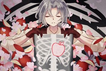 apple apple_slice commentary english_commentary expressionless food frown fruit gloria91927 gloves grey_hair hashtag-only_commentary highres holding limbus_company long_hair lucio_(project_moon) male_focus otome_kaibou_(vocaloid) ponytail project_moon red_gloves red_vest shirt sleeves_rolled_up vest white_shirt x-ray_film