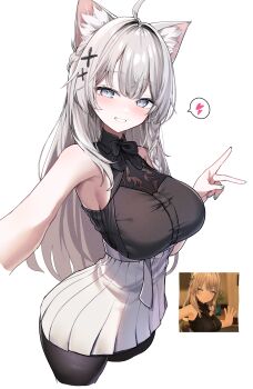 Rule 34 | 1girl, absurdres, ahoge, animal ear fluff, animal ears, aqua nails, bare shoulders, black shirt, blush, braid, breasts, commentary, game screenshot inset, grey eyes, gu luco, hair intakes, hair ornament, hand up, heart, high-waist skirt, highres, large breasts, long hair, looking at viewer, nail polish, outstretched arm, parted lips, reference inset, shinano (vrchat), shirt, shirt tucked in, sidelocks, simple background, skirt, sleeveless, sleeveless shirt, smile, solo, spoken heart, v, very long hair, vrchat, white background, white hair, x hair ornament