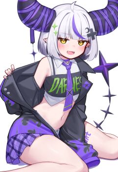 1girl black_horns black_jacket blunt_bangs blush commentary_request deaver fang hair_ornament highres hololive horns jacket la+_darknesss la+_darknesss_(casual) looking_at_viewer midriff multicolored_hair navel necktie open_mouth pointy_ears purple_hair purple_necktie purple_skirt short_hair simple_background sitting skirt solo streaked_hair striped_horns tail virtual_youtuber white_background yellow_eyes