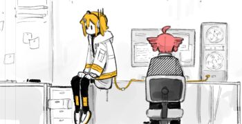 2girls a.i._voice adachi_rei ahoge at_computer cable chair commentary computer computer_tower dalasquil desk drill_hair english_commentary hands_on_lap hood hood_down hooded_jacket indoors jacket kasane_teto long_sleeves multiple_girls no_mouth office_chair on_chair on_desk one_side_up open_clothes open_jacket orange_hair pantyhose partially_colored red_hair shirt short_hair sitting swivel_chair twin_drills utau |_|