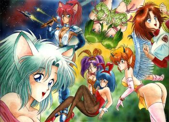 Rule 34 | 6+girls, akira m, angel wings, animal ear hairband, animal ears, animal print, apron, armor, ass, bikini, black boots, black sleeves, blue eyes, blue hair, boots, bracelet, breasts, brown hair, cleavage, crop top, dark-skinned female, dark skin, demon horns, detached sleeves, dress, elbow gloves, energy sword, fake animal ears, feathered wings, gloves, green bikini, green eyes, green gloves, green hair, hairband, high heels, holding, holding sword, holding weapon, horns, jewelry, large breasts, leopard print, leotard, long hair, looking at viewer, medium breasts, medium hair, multiple girls, open mouth, orange hair, original, pantyhose, playboy bunny, ponytail, print hairband, print leotard, purple hair, rabbit ears, red hair, red hairband, red leotard, red sash, red shirt, red shoes, sash, shirt, shoes, short hair, shoulder armor, side-tie bikini bottom, smile, space, spacecraft, strapless, strapless leotard, swimsuit, sword, thigh boots, thighhighs, traditional media, twintails, weapon, white dress, white gloves, white shirt, white thighhighs, white wings, wings, yellow apron