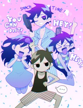 &gt;_&lt; ... 1girl 3boys ^_^ alternate_color antenna_hair arm_up aubrey_(headspace)_(omori) aubrey_(omori) barefoot black_eyes black_hair black_tank_top blue_shirt blush bow bright_pupils brothers closed_eyes collarbone colored_skin colored_tongue double-parted_bangs english_text frying_pan g_tsurius hair_between_eyes hair_bow hero_(headspace)_(omori) hero_(omori) holding holding_frying_pan kel_(headspace)_(omori) kel_(omori) long_hair long_shirt long_sleeves multiple_boys no_mouth omori one_eye_closed open_mouth pajamas pants pointing purple_bow purple_eyes purple_hair purple_shorts purple_tongue shirt short_hair short_sleeves shorts siblings smile sparkle speech_bubble spoken_ellipsis striped_clothes striped_pajamas striped_pants striped_shorts t-shirt tank_top vertical-striped_clothes vertical-striped_pajamas vertical-striped_pants vertical-striped_shorts white_pupils white_shorts white_skin