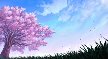 blue_sky branch cherry_blossoms cloud cloudy_sky commentary_request day falling_leaves from_above grass highres leaf morning no_humans original outdoors plant scenery sky sky_focus tree yu02257951
